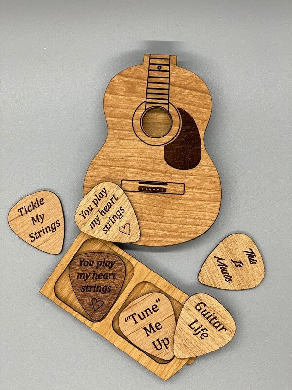 2 Personalized Wood Guitar Picks, Decorative wood 1/16th thick, Stocking Stuffer, Musician gift, Guitar Pick, Custom Pick, Music Accessory