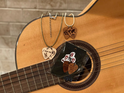Wood Picks Necklace, Guitar Pick Jewelry, Engraved Guitar Pick, Two 1/16th” thick custom guitar pick, Stocking Stuffer, Christmas Gift