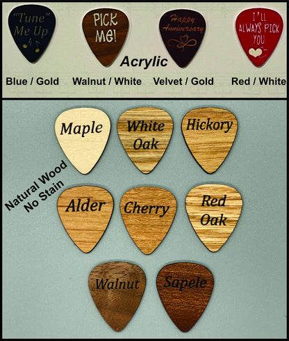 2 Personalized Wood Guitar Picks, Decorative wood 1/16th thick, Stocking Stuffer, Musician gift, Guitar Pick, Custom Pick, Music Accessory