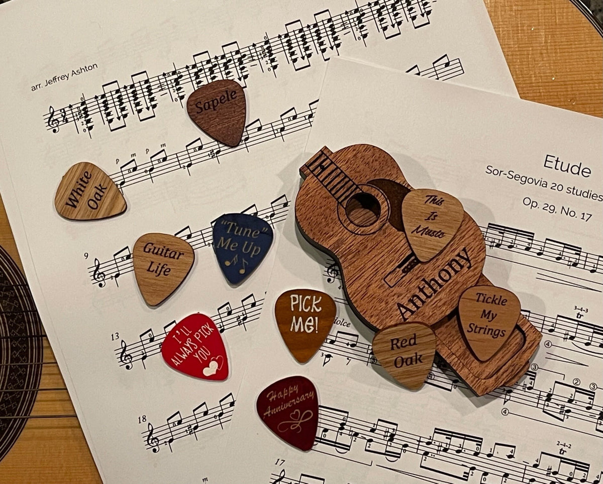 2 Personalized Wood Guitar Picks, Decorative wood 1/16th thick, Stocking Stuffer, Musician gift, Guitar Pick, Custom Pick, Music Accessory
