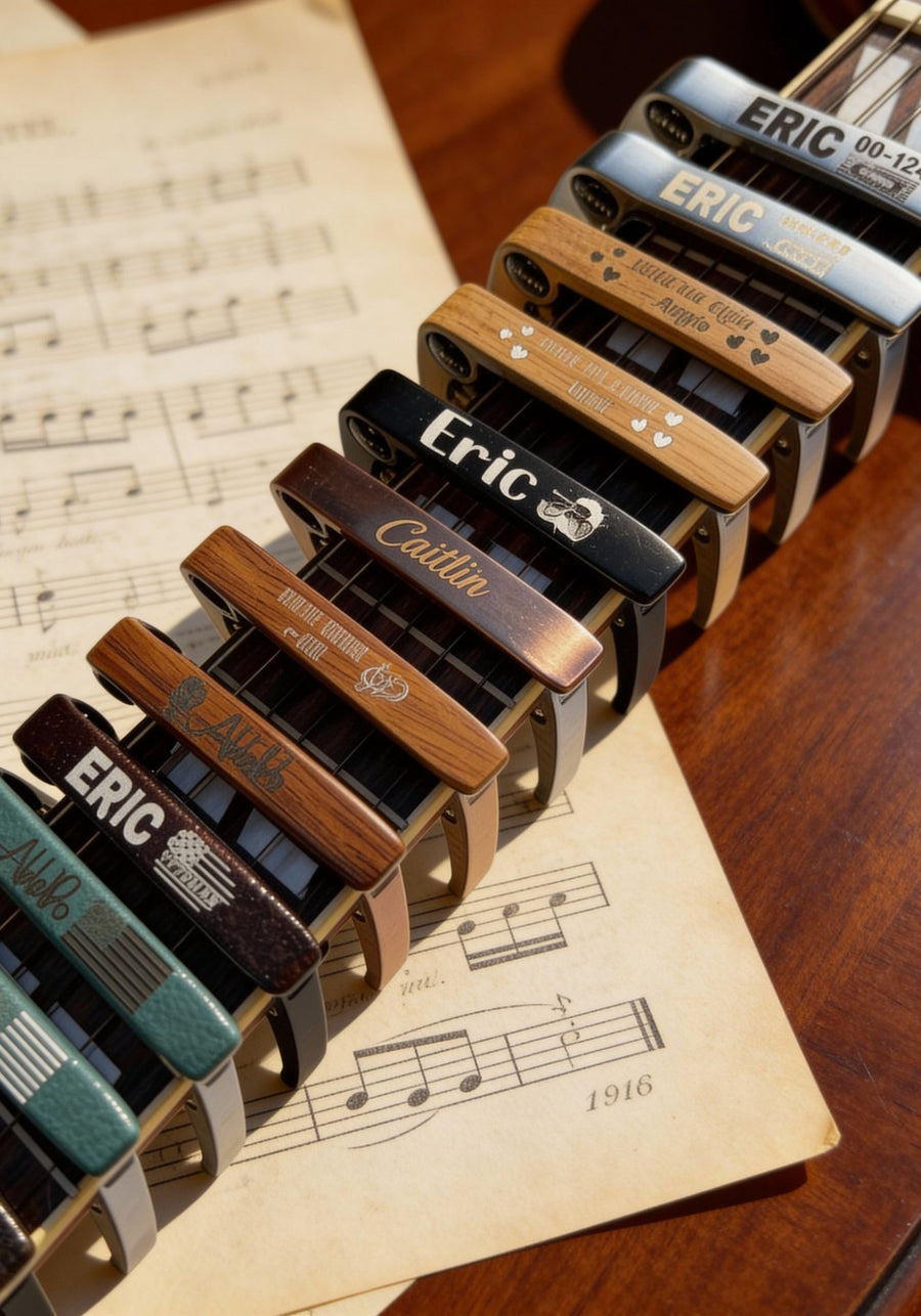 A row of personalized guitar capos on a guitar neck, each engraved with a name