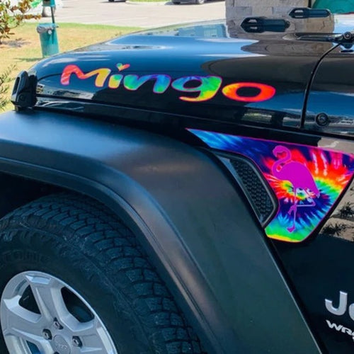 Tie-dye lettering and flamingo vent decal