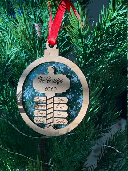 Handmade  North Pole Ornament  in Oak, Cedar or Walnut and Personalized With Family Names **Orders over 35.00 ships for free!**