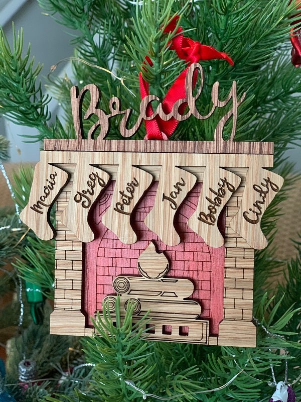 Personalized Fireplace Stocking Layered Wood Ornament
