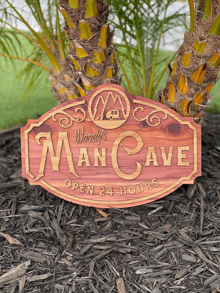 Personalized Man Cave Wall Art Sign, 2 Layer 17" x 11", 120 Icons, Natural Wood with Sealer, Valantines Day, Father's Day, Mother's Day