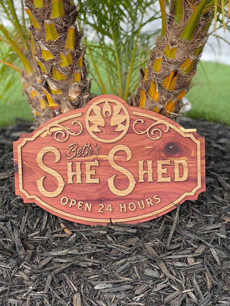 Personalized She Shed Wall Art Sign | 2 Layer 19" Long x 13" Tall | Custom She Shed Sign | Natural Wood with Sealer No Paint | Custom Sign