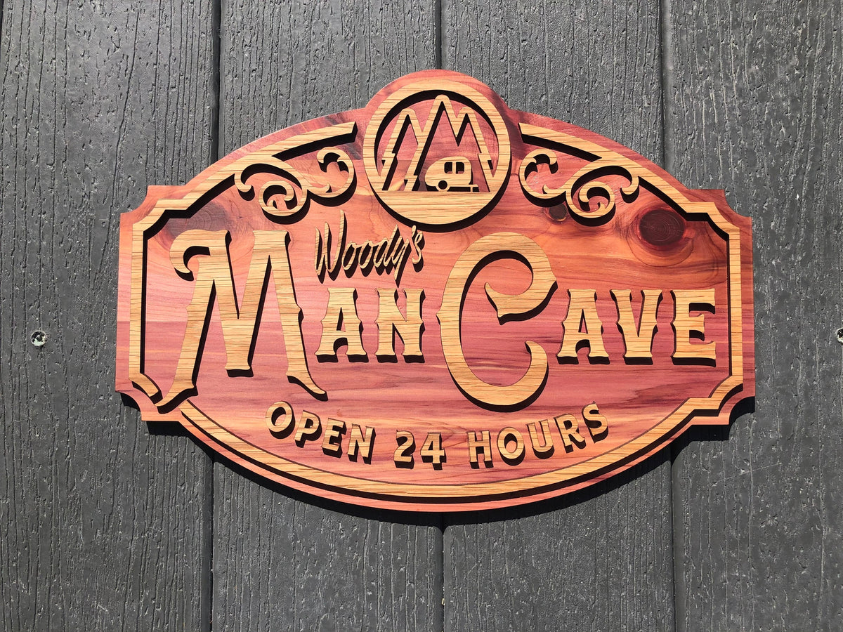Personalized Man Cave Wall Art Sign, 2 Layer 17" x 11", 120 Icons, Natural Wood with Sealer, Valantines Day, Father's Day, Mother's Day