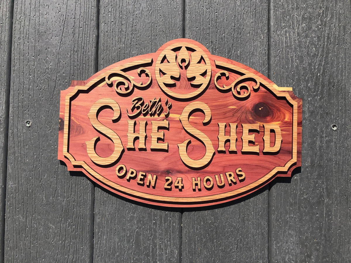Personalized She Shed Wall Art Sign | 2 Layer 19" Long x 13" Tall | Custom She Shed Sign | Natural Wood with Sealer No Paint | Custom Sign