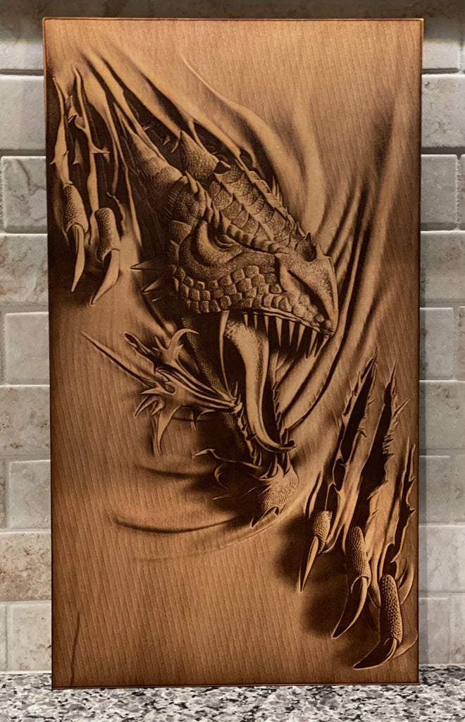 3D Laser Engraved Wall Art-17.5" Tall x 10" Wide/Dragon Breaking Through The Wall.  Amazing lasered Smooth to touch 3D effect on 1/4" Maple!