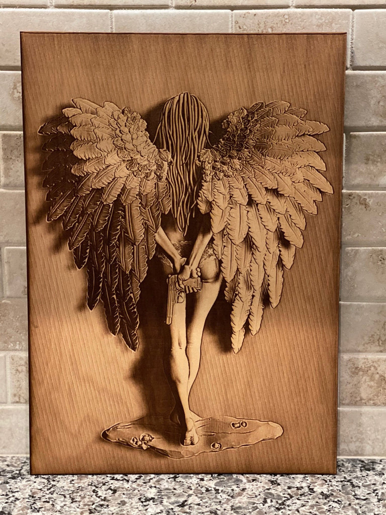 3D Laser Engraved Wall Art - 17" x 12.5" / Angel Hiding.  Amazing lasered smooth 3D effect on 1/4" Maple!