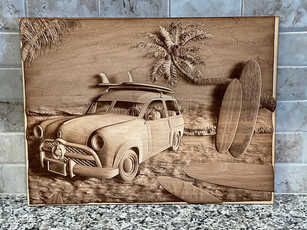 3D Laser Engraved Wall Art - 14" x 10" / Day at the beach surfing.  Amazing lasered 3D effect on 1/4" Maple!
