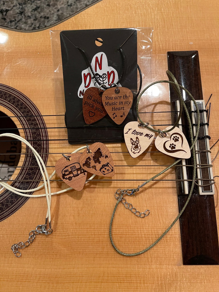 Wood Picks Necklace, Guitar Pick Jewelry, Engraved Guitar Pick, Two 1/16th” thick custom guitar pick, Stocking Stuffer, Christmas Gift