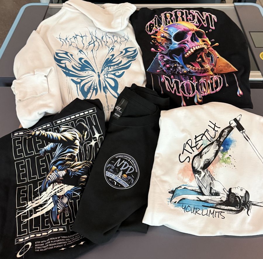 DTF-printed T-shirts and hoodies